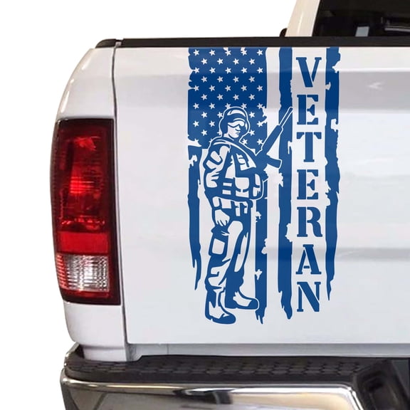 Soldier Veteran Enlisted Man Retired U.S. Army USAF USMC Distressed American US USA Flag Truck Tailgate Vinyl Decal fits Most Pickup Trucks Military Sticker (11" x 20", Blue)