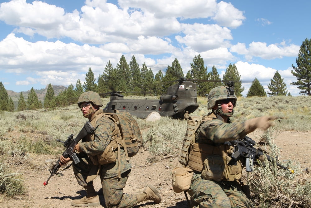 Soldier directs his Marines towards a CH-47 Chinook during an extraction Canvas Art - Stocktrek Images (35 x 23)