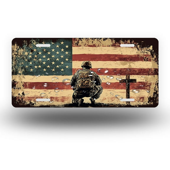 Soldier in Tribute before Cross Front License Plate, Funny Standard Plates Personalized Novelty Decorative For Men/Women/Boys/Girls Car 6×12 Inch