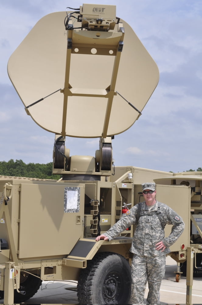Soldier stands next to a satellite transportable terminal Canvas Art - Stocktrek Images (23 x 35)