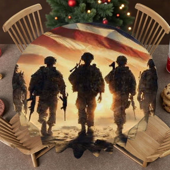 Soldiers American Flag Military Patriotic Family Round Tablecloth, Polyester Tablecloths - Machine-Made Tablecloth for dining table round, Cafe, dinner, brunch, buffet, picnic, wedding,60x60 Inch