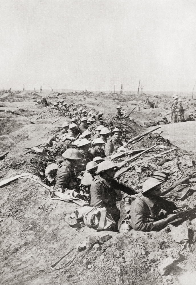 Soldiers Awaiting The Order To Advance On The Somme Heights France During World Ward One From The Year 1916 Illustrated Canvas Art - Ken Welsh Design Pics (24 x 36)