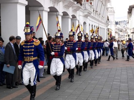 Soldiers parade during changing of the guard ceremony Plaza de La Independencia Quito Ecuador Canvas Art - Panoramic Images (36 x 28)