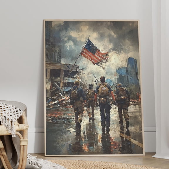 Soldiers with Flag Battlefield Wall Art, Dramatic Historical Scene, Unframed Paper Print Size 8x12