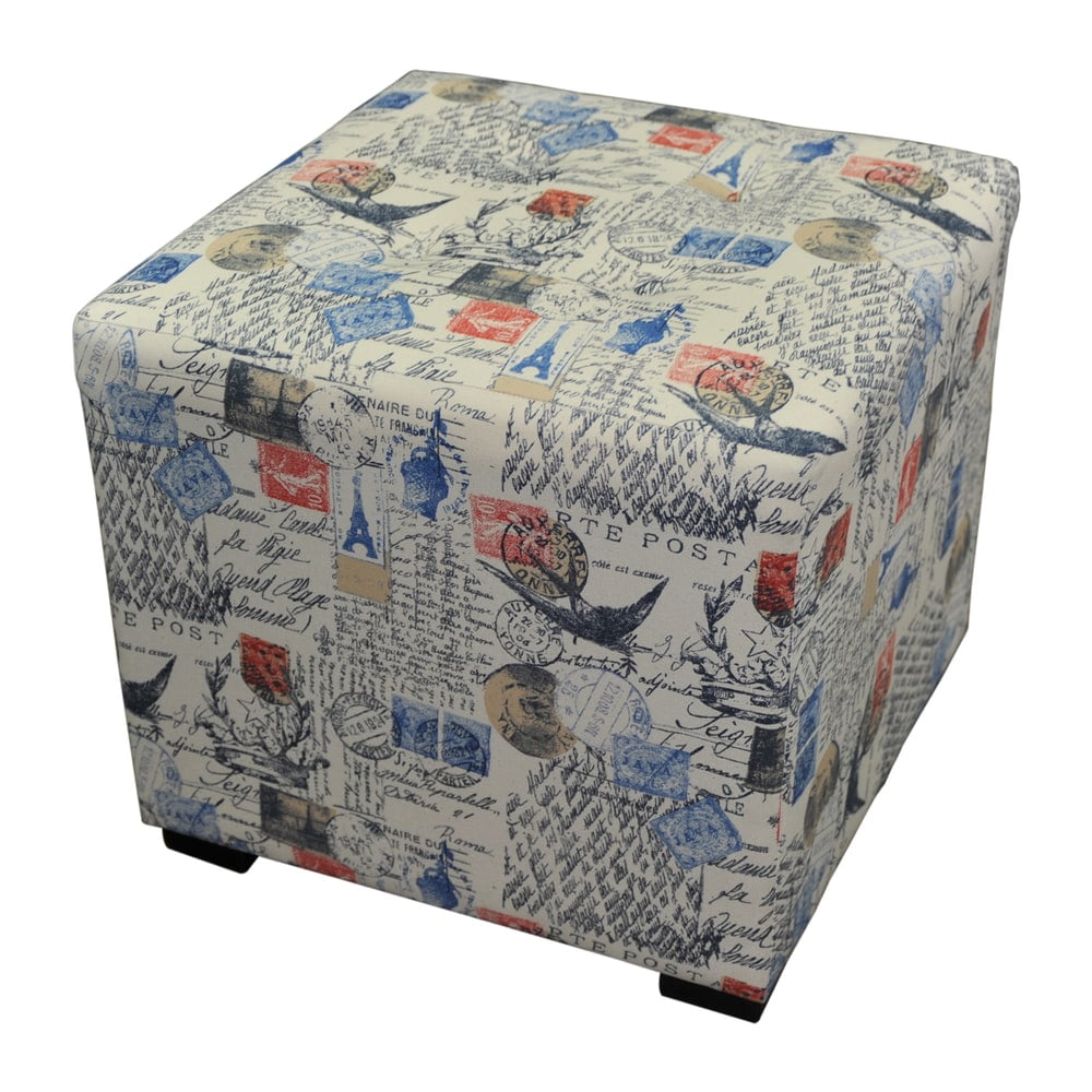 Vintage Print Tufted Upholstered Square Footstool