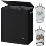 Soledi Double Laundry Hamper with Lid and 2 Laundry Bags, 145L Large Collapsible Laundry Basket, Black