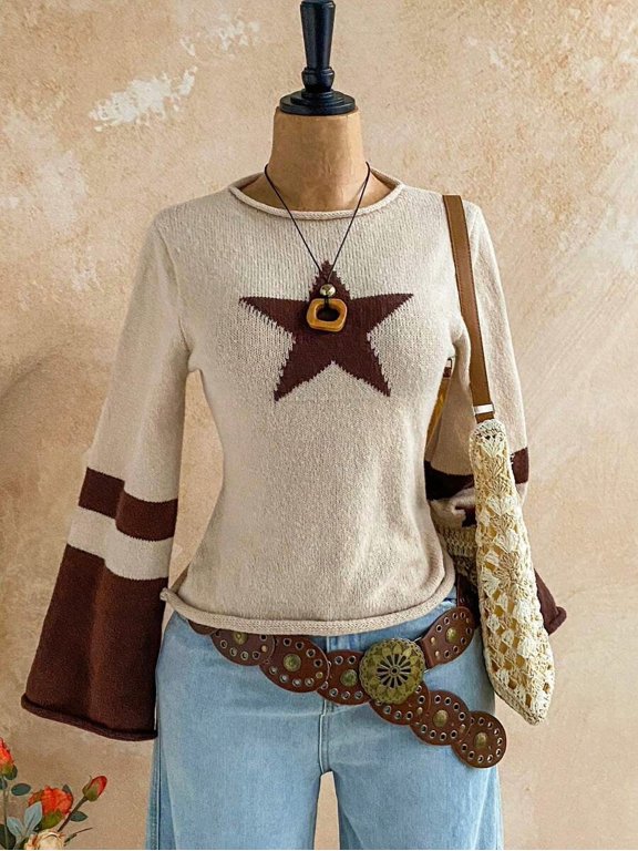 Soleia 90s Retro Apricot Star Pattern Knit Sweater, Casual Boho Flared
