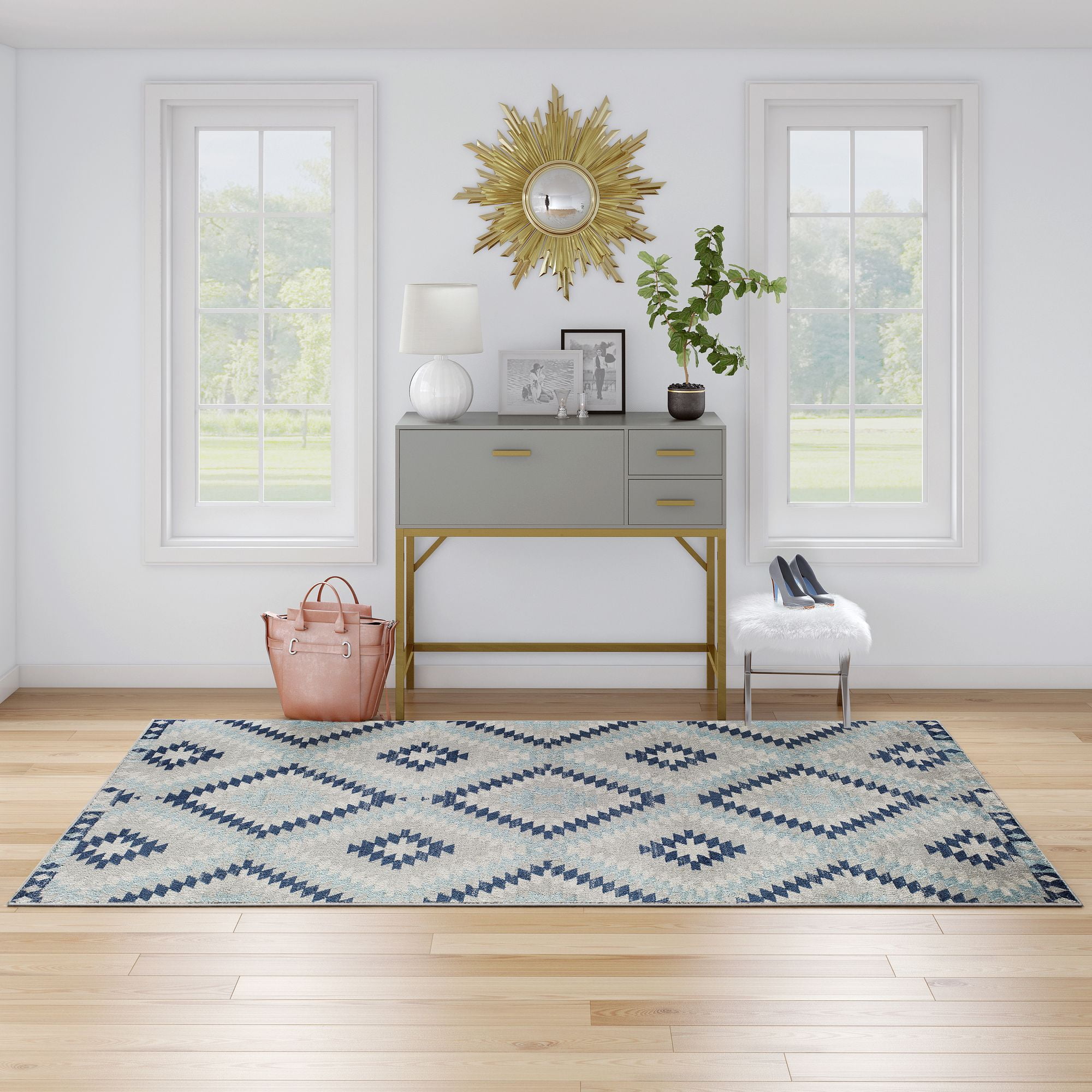 Ice Blue and White Synthetic Rectangular Area Rug, 8'9" x 12'