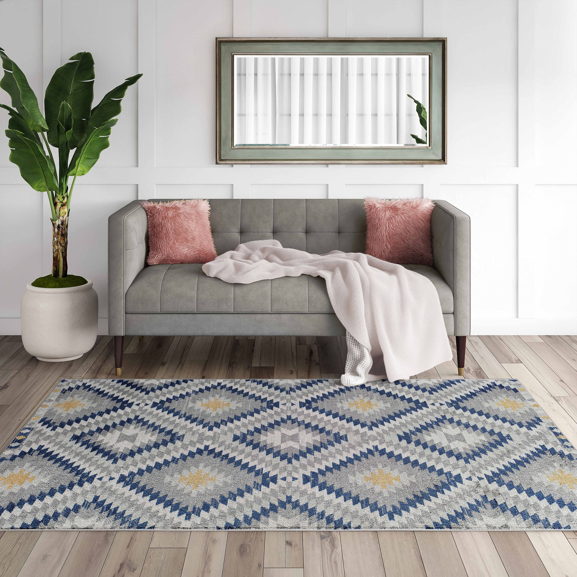 Sunset Gray and Blue Synthetic Tribal Rectangular Area Rug