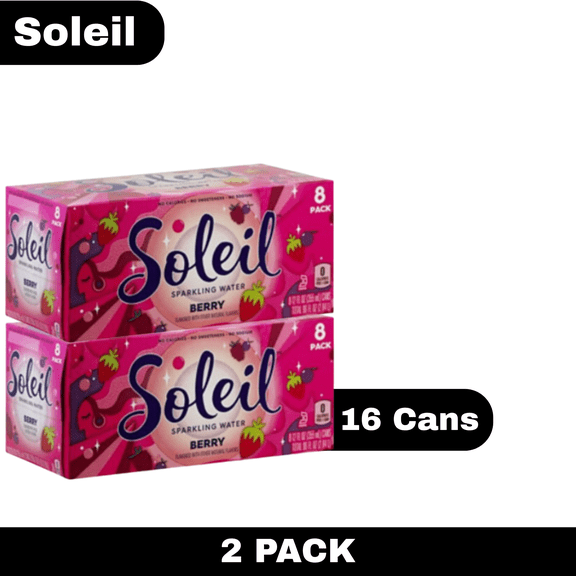 Soleil Berry Sparkling Water, Pack of 2, 16 Cans Total, 12 fl oz Cans, Zero Calories