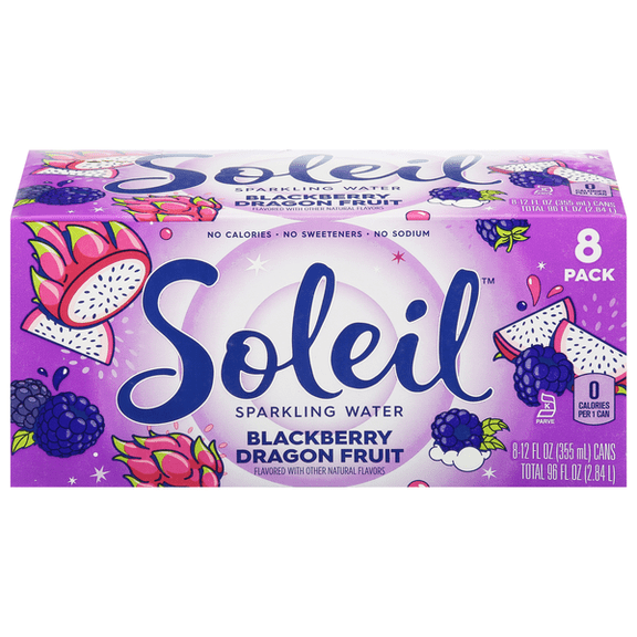 Soleil Blackberry Dragon Fruit Sparkling Water, 12 fl oz Can, Zero Calories