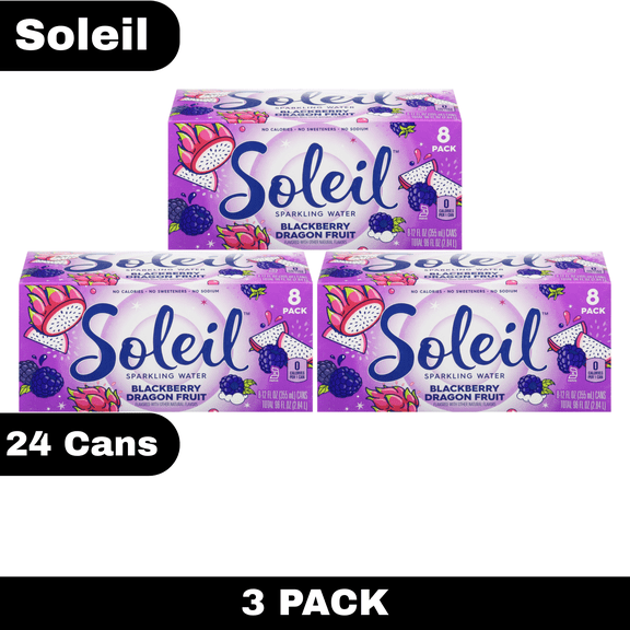 Soleil Blackberry Dragon Fruit Sparkling Water, Pack of 3, 12 fl oz Cans, Zero Calories