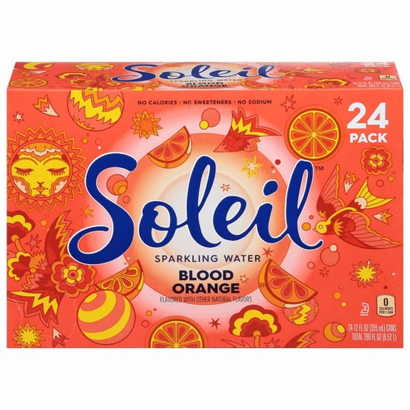 Soleil Blood Orange Sparkling Water, 24 Pack, 12 fl oz Cans, Zero Calories