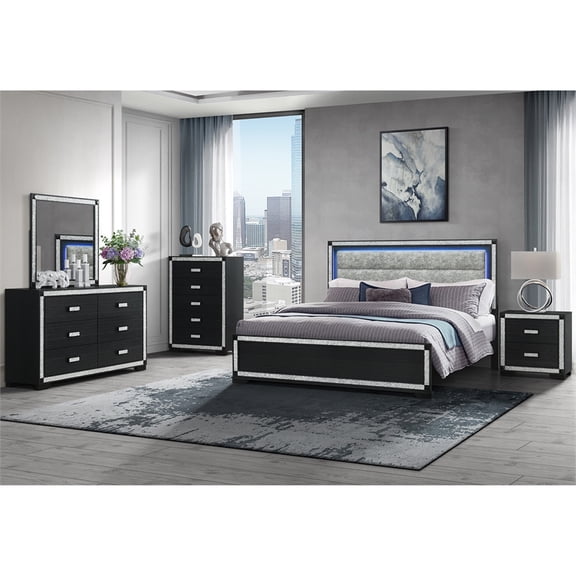 Soleil Charcoal Upholstered Headboard 5PC King Bedroom Set with LED Light