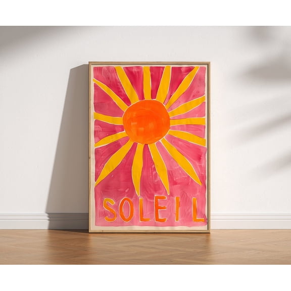 Soleil Colorful Summer Poster Retro Pink And Yellow Sun Art, Unframed Paper Poster 8x10in