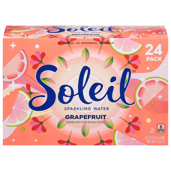 Soleil Grapefruit Sparkling Water, 24 Pack, 12 fl oz Cans, Zero Calories