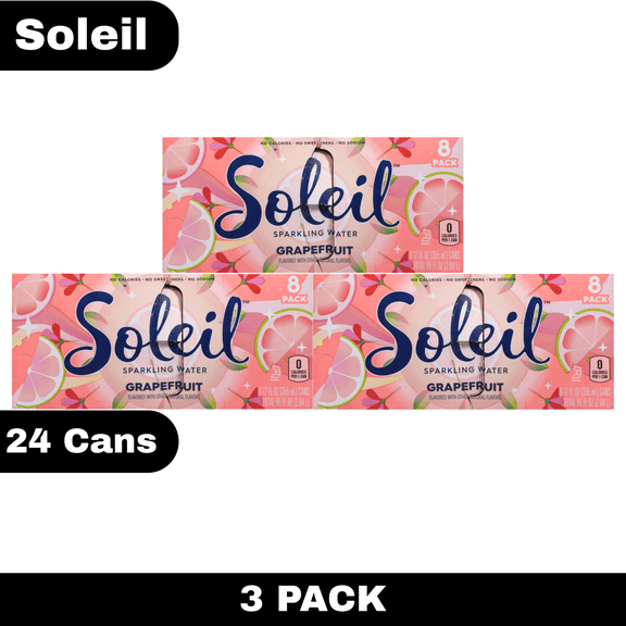 Soleil Grapefruit Sparkling Water, Pack of 3, 24 Cans Total, 12 fl oz Cans, Zero Calories