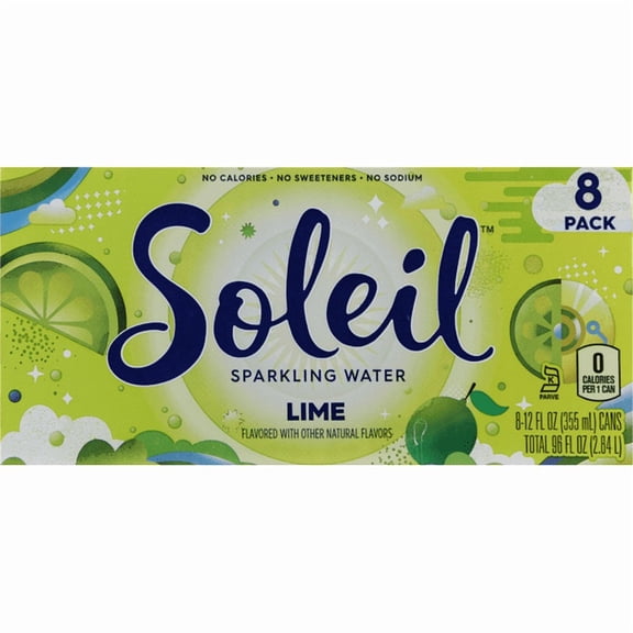 Soleil Lime Sparkling Water, 8 Pack, 12 fl oz Cans, Zero Calories