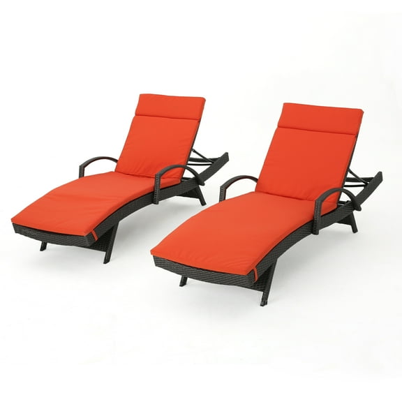 Soleil Outdoor Grey Wicker Arm Chaise Lounges with Orange Water Resistant Cushions, Set of 2