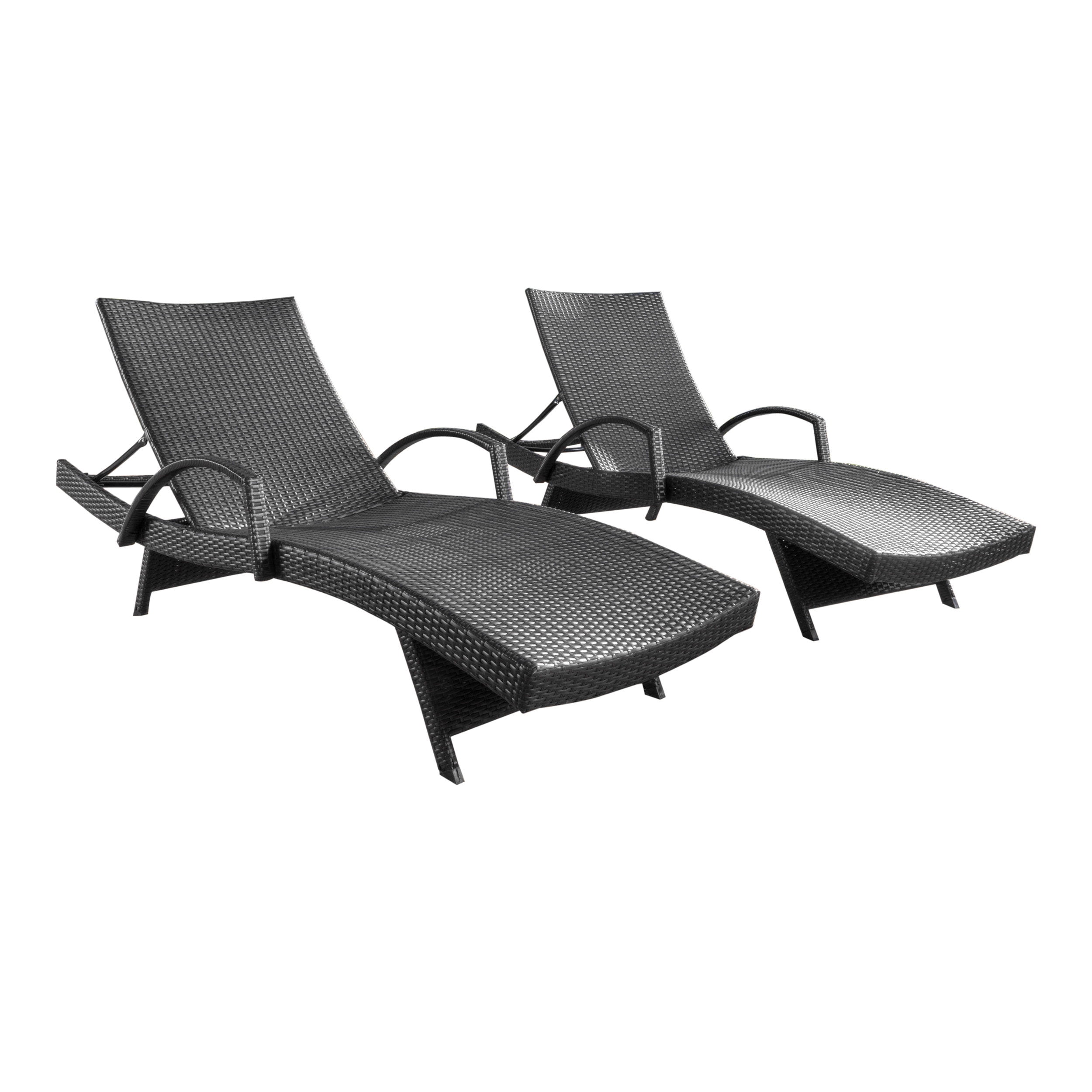 Gray Wicker Outdoor Adjustable Arm Chaise Lounges, Set of 2