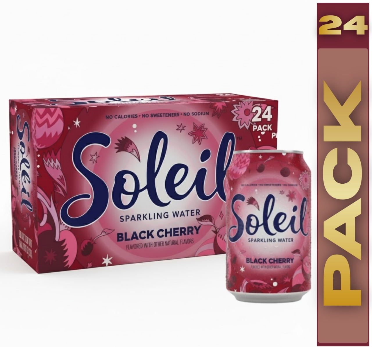 Soleil Sparkling Water, Black Cherry, 24 Pack 12 fl oz