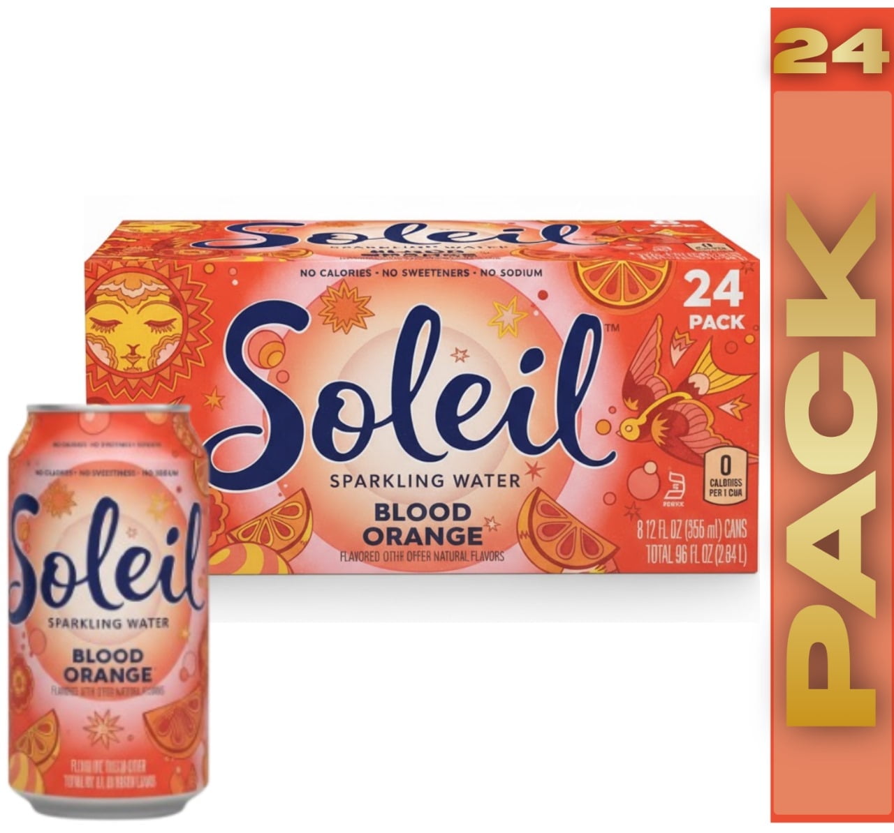Soleil Sparkling Water, Blood Orange, 24 Pack 12 fl oz
