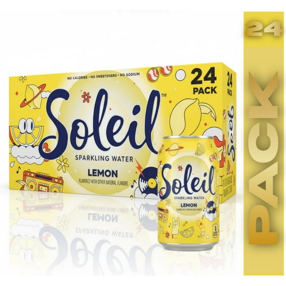 Soleil Sparkling Water, Lemon, 24 Pack 12 fl oz