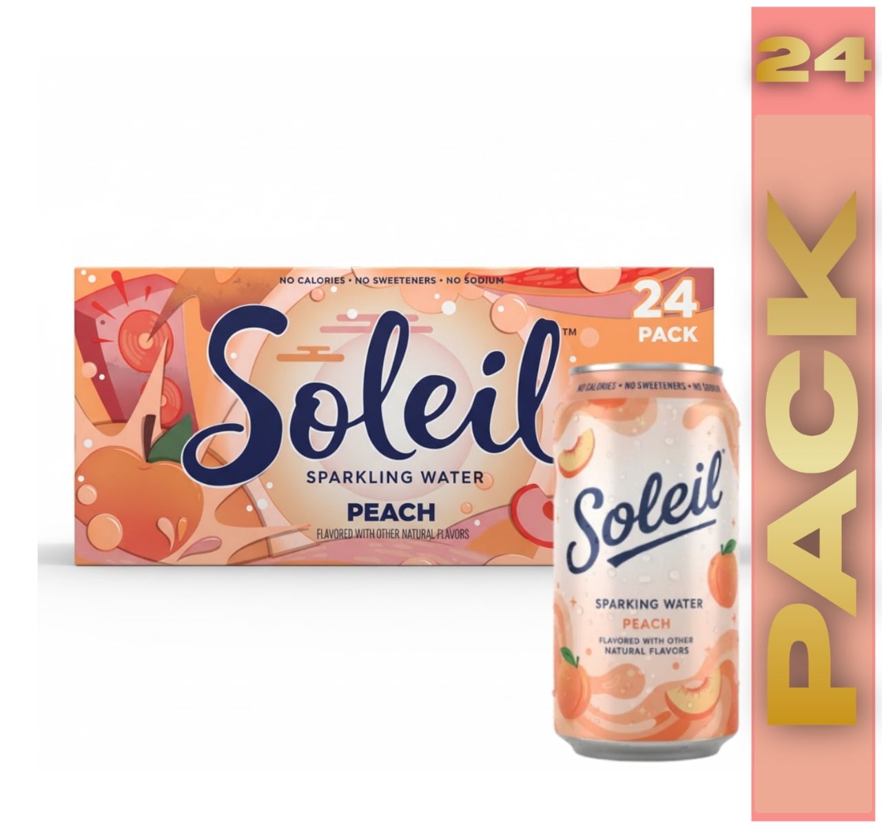 Soleil Sparkling Water, Peach, 24 Pack 12 fl oz