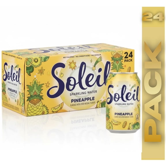 Soleil Sparkling Water, Pineapple, 24 Pack 12 fl oz