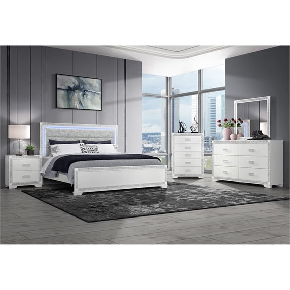 Soleil White Upholstered Headboard 5PC Queen Bedroom Set with LED Light