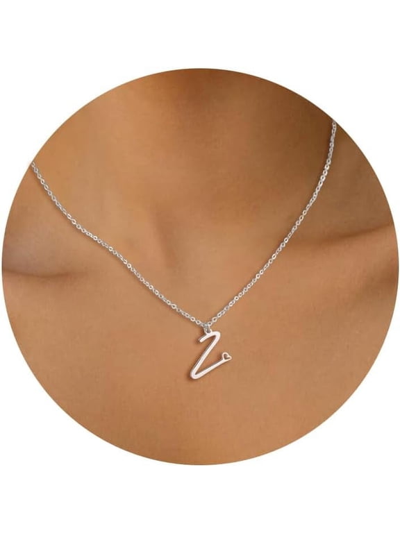 14K Gold Plated Cursive Letter Necklace for Women, Personalized A-Z Initial Pendant with Heart Charm, Delicate Dainty Choker Chain Jewelry Gift