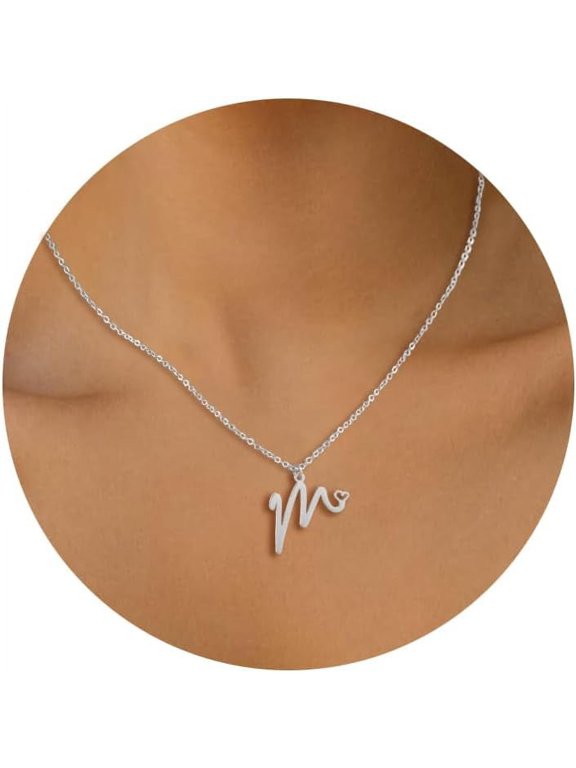 14K Gold Plated Cursive Letter Necklace for Women, Personalized A-Z Initial Pendant with Heart Charm, Delicate Dainty Choker Chain Jewelry Gift