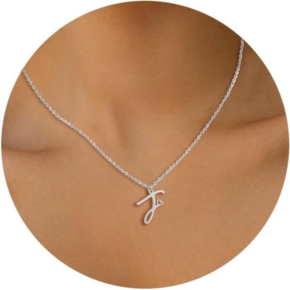Soleilie 14K Gold Plated Cursive Letter Necklace for Women, Personalized A-Z Initial Pendant with Heart Charm, Delicate Dainty Choker Chain Jewelry Gift