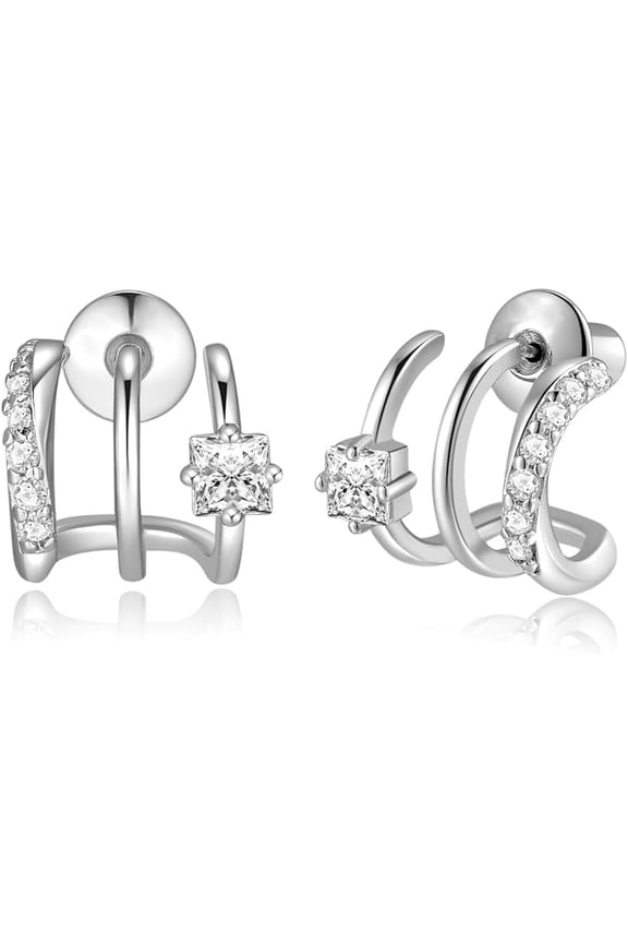 14K Gold Plated Illusion Stud Earrings for Women | Triple Huggie Hoop Earrings for One Hole| Trendy Simple Hypoallergenic Fashion Accessories Gold Jewelry Gifts for Womens