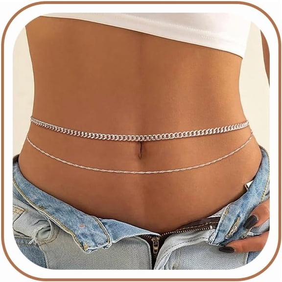 Soleilie 14K Gold Plated Silver Plated Waist Chain for Women, Layered Belly Belt Chains Beach Waist Beads Chain Waterproof Snake Cuban Body Chain Summer Jewelry Accessories for Women
