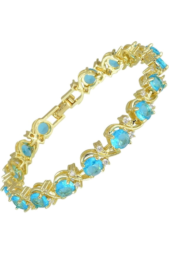 14K Gold Plated Tennis Bracelet, Women's - Colored Birthstone, 6mm Round Cubic Zirconia Gemstone, 7-inch, Hypoallergenic Material, Comes with Gift Box, Perfect Anniversary/Birthday Gift.