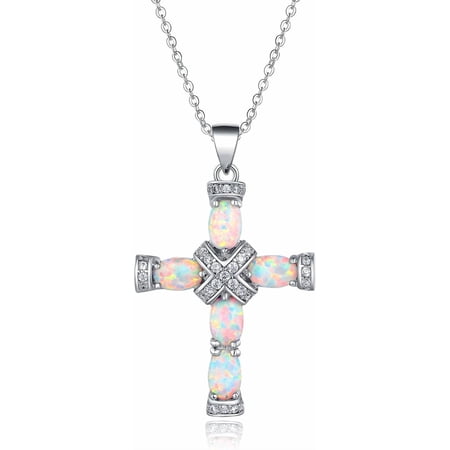 Soleilie 18K Gold Plated Created Opal Cross with Chain, 18 Inches with 2 Inches Extension