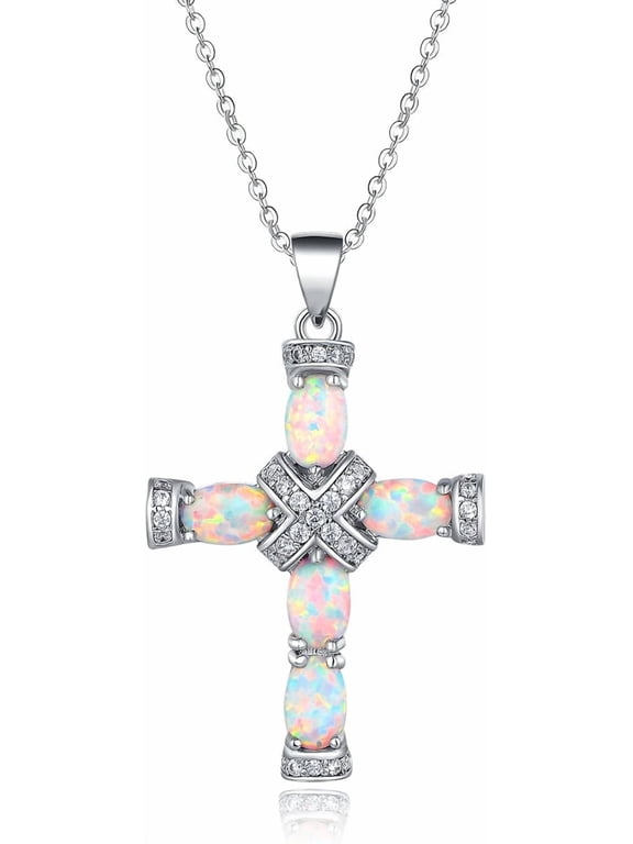 18K Gold Plated Created Opal Cross with Chain, 18 Inches with 2 Inches Extension