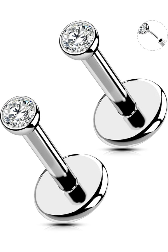 2-Piece G23 Titanium Unthreaded Nose Stud Earrings, Flat Mini Zirconia Nose Studs, Ear Cartilage, Auricle, Tragus, Concha, Lip Studs, Medusa/Monroe Style Piercing Jewelry, Unisex