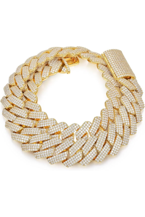 20MM Men's Solid Cuban Chain, Thick Chain with Diamonds, 18K Gold Plated, Cubic Zircon Cuban Necklace, Gold/Silver Diamond Miami Chain Necklace, Sparkling Luxury Jewelry