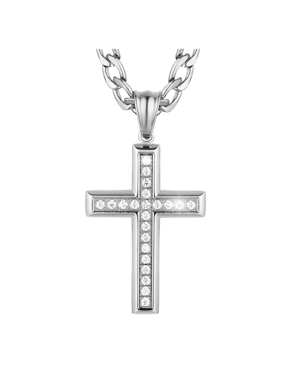 24K Gold-Plated Solid CZ Cross Necklace for Men Women Stainless Steel Religion Jewelry with 24 Inch Figaro Chain