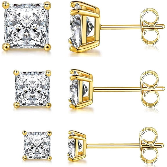 Soleilie 3-Pair Set of 316L Stainless Steel Earrings, featuring 3mm, 5mm, and 7mm hypoallergenic princess-cut cubic zirconia square studs, suitable for both men and women.