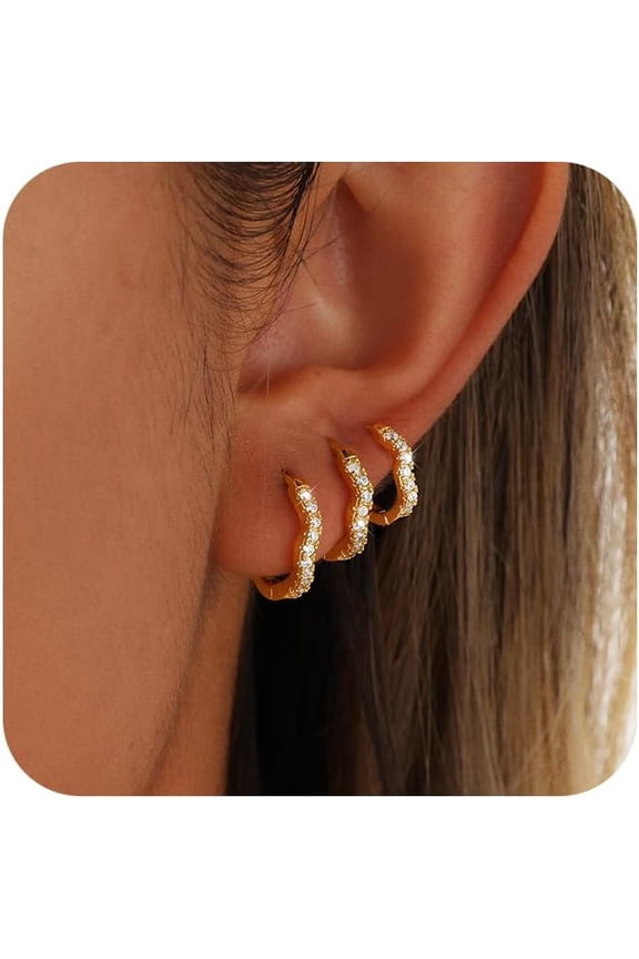 3 Pairs Gold/Silver Hoop Earrings for Women Trendy Dainty 14K Gold Plated Cubic Zirconia Stud Earrings Huggie Hoop Earrings Stack for Multiple Piercing Jewelry