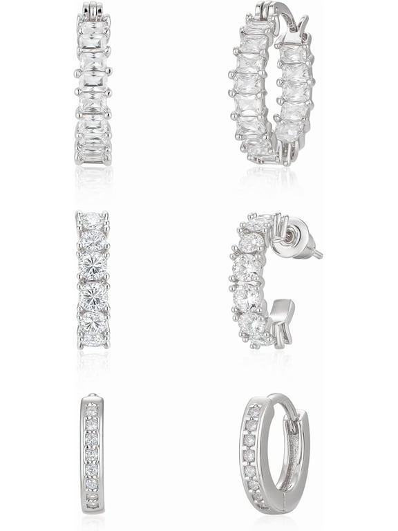 3 Pairs Gold/Silver Hoop Earrings for Women Trendy Dainty 14K Gold Plated Cubic Zirconia Stud Earrings Huggie Hoop Earrings Stack for Multiple Piercing Jewelry
