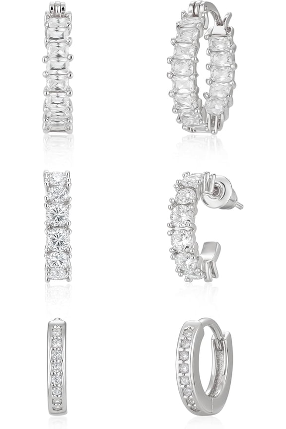 3 Pairs Gold/Silver Hoop Earrings for Women Trendy Dainty 14K Gold Plated Cubic Zirconia Stud Earrings Huggie Hoop Earrings Stack for Multiple Piercing Jewelry