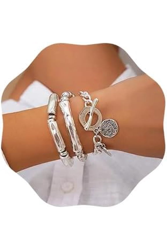 3pcs Boho Layered Beaded Bracelets Set for Women Dainty Stretch Elastic Round Ball Beads Tube Chunky Chain Bracelets Stackable Silver Toggle Cuban Link Bracelets Trendy Jewelry