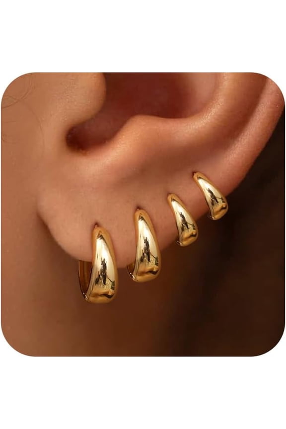 4 Pairs Small Huggie Hoop Earrings for Women, Chunky 14K Gold Plated Earrings Stack Hypoallergenic Lightweight Trendy Cartilage Hoops Earring Set for Multiple Piercing Dainty Minimal Jewelry