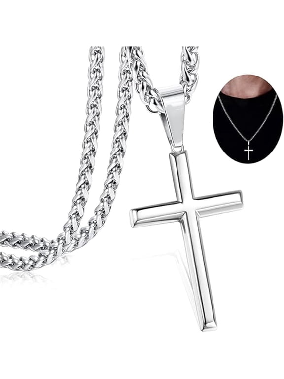 Cross Necklace for Men Women with 3MM Stainless Steel Strong Durable Wheat Chain 925 Silver Plated Crucifix Pendant Necklace Jewelry 16-30 Inches
