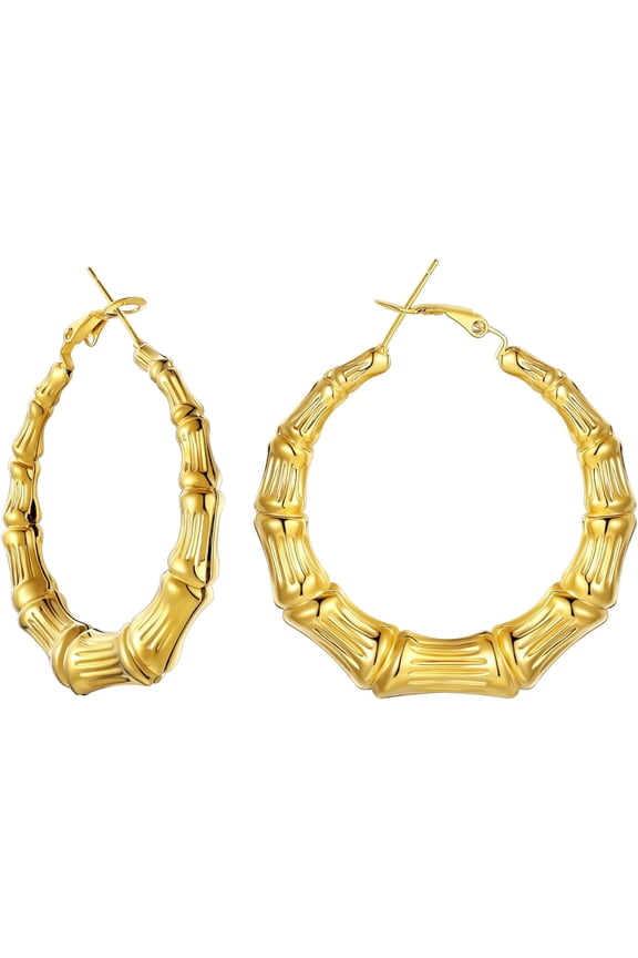 Bamboo Earrings for Women 18K Gold Plated/Stainless Steel/Personalized Black Statement Extra Large Hoop Earrings 80s 90s Custom Name Huggie Earrings for Party Fashion Jewlery