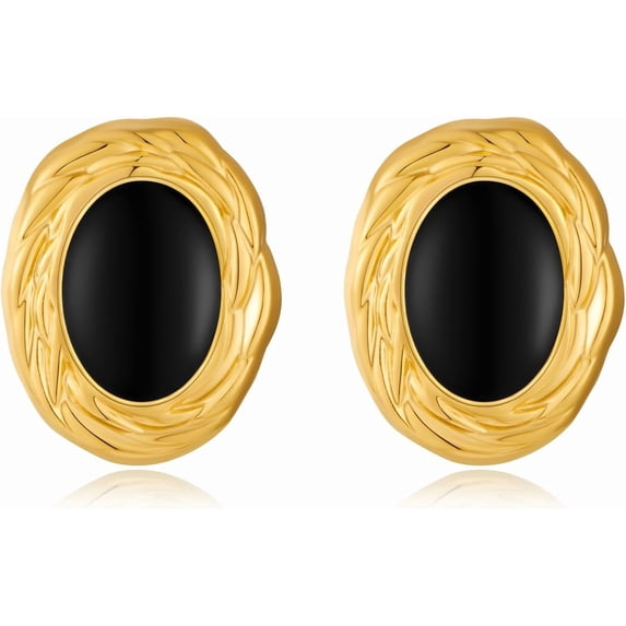 Soleilie Big Chunky Gold Earrings for Women Vintage Black Oval Earring Onyx Statement Earrings Trendy Jewelry